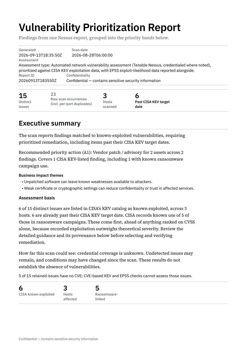 First page of the Nessus sample vulnerability report generated by Varaxon Scan Hub