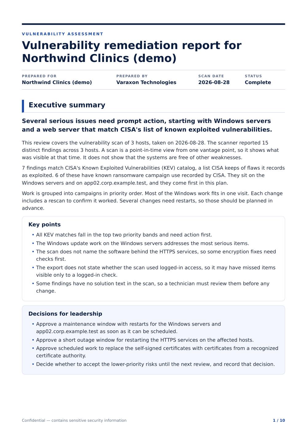 First page of the Nessus sample vulnerability report generated by Varaxon Scan Hub