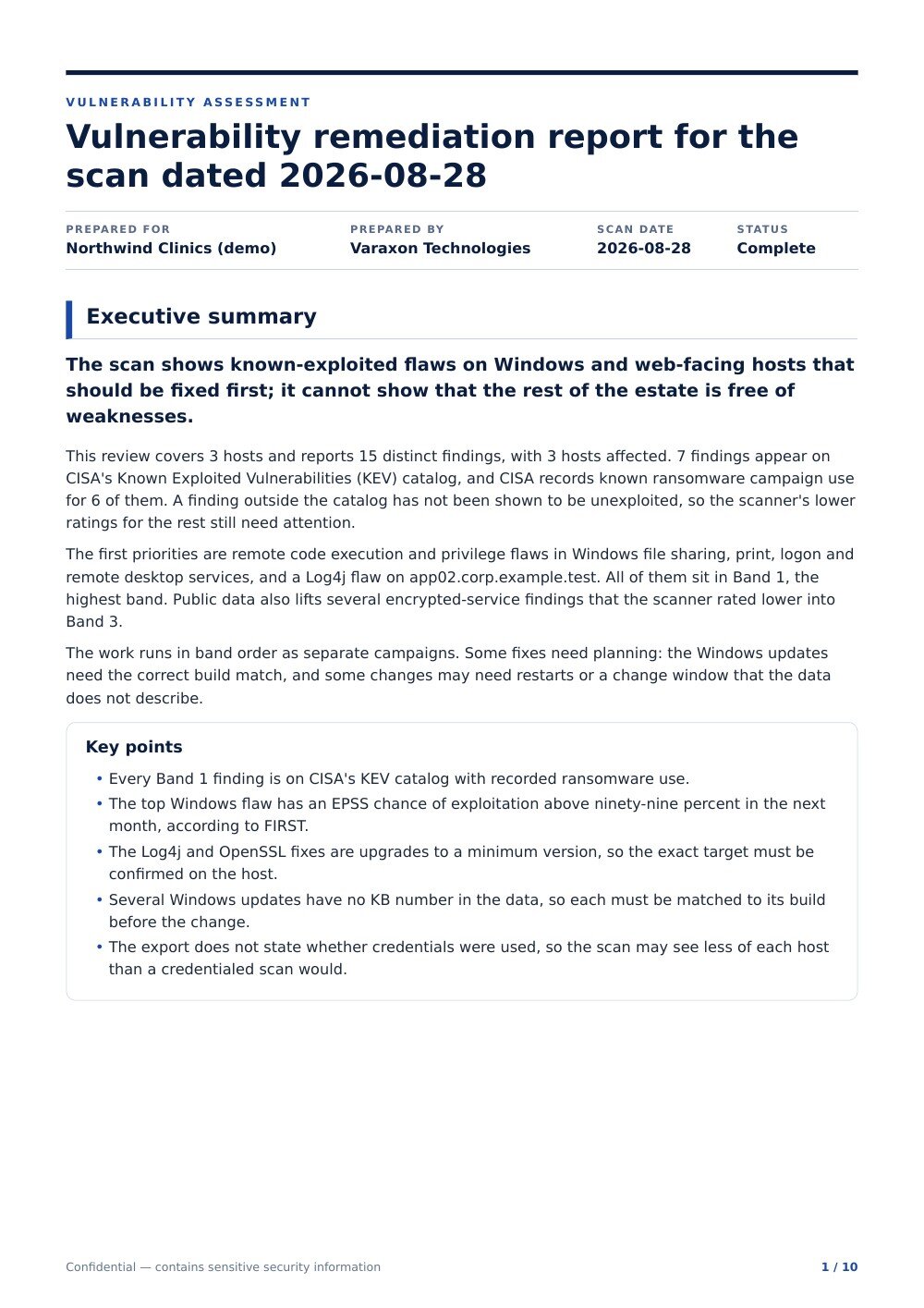 First page of the Nessus sample vulnerability report generated by Varaxon Scan Hub